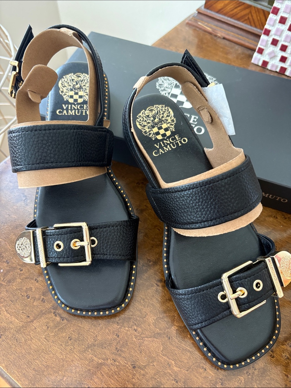 Vince Camuto Black Leather Sandals with Gold Buckles
